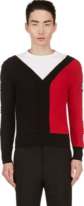 Moncler Gamme Bleu Navy & Red Colorblock Textured Knit Sweater
