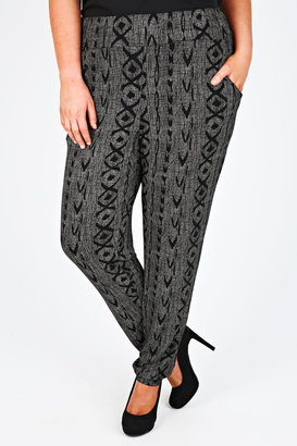 Yours Clothing Black and Grey Aztec Texture Print Harem Trousers