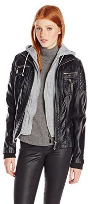 YMI Jeanswear Women's Faux Leather-Bomber Jacket with Removable Hoodie