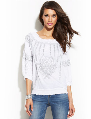 INC International Concepts Three-Quarter-Sleeve Embroidered Peasant Top