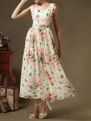 Choies Butterfly Print Low-Cut Zip Back Waist Tie Maxi Dress