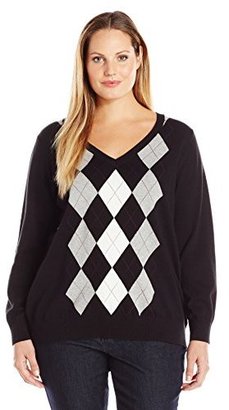 Caribbean Joe Women's Plus-Size Long-Sleeve Argyle V-Neck Sweater