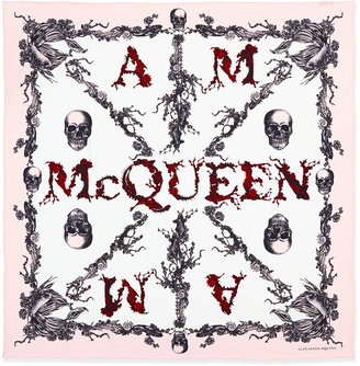 Alexander McQueen Botanical/Skull Logo-Print Scarf, Ivory/Pink