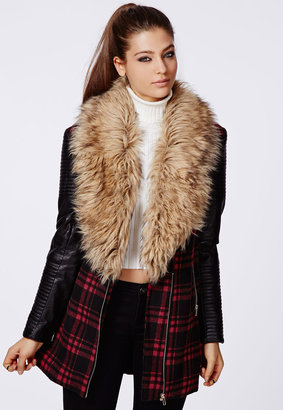 Missguided Faux Fur Leather Biker Sleeve Coat Red Check