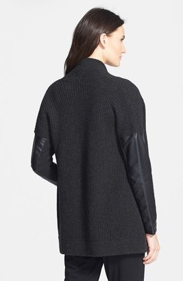 Eileen Fisher Leather Sleeve Yak & Merino Angled Front Cardigan (Online Only)
