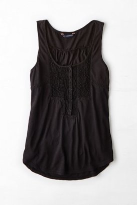 American Eagle Outfitters True Black Lace Front Henley Tank, Womens Small