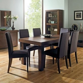 Debenhams Walnut 'Akita' medium extending table & six taper back brown upholstered chairs