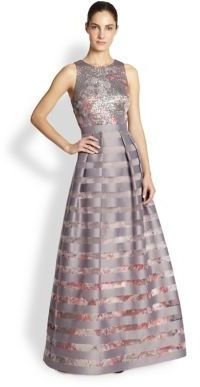 Kay Unger Sequin-Top Striped Gown