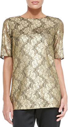 St. John Gilded Lace Jewel-Neck Elbow-Sleeve Top