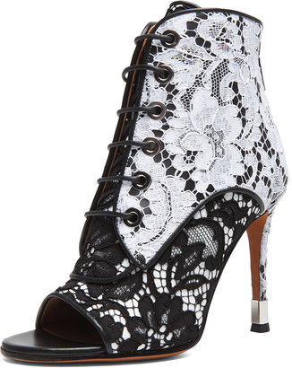 Givenchy Lace & Leather Open Toe Booties in Black & White