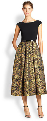 Theia Leopard Jaquard & Crepe Tea-Length Dress