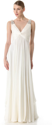 Reem Acra V Neck Gown with Jeweled Straps