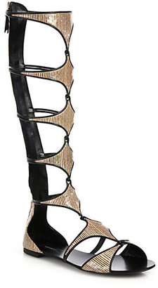 Casadei Striped Snake-Embossed Leather Knee-High Sandals