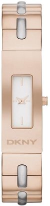 DKNY Beekman Rectangular Silver-Tone Pearlized Dial, Polished Rose Gold-Tone Bracelet with Brushed Stainless Steel Link Detail Ladies Watch