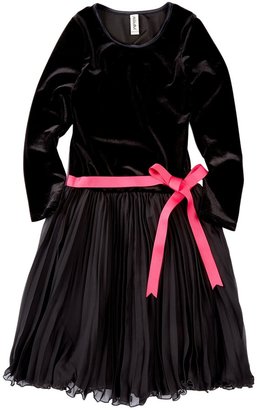 Mignone Long Sleeve Velour Pleat Skirt Tie Waist Dress (Big Girls)
