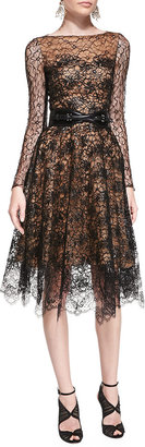 Oscar de la Renta Long-Sleeve Lace Overlay Dress