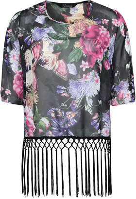 Yours Clothing Multi Floral Butterfly Print Sheer Top With Fringing Detail
