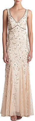 Sue Wong Beaded & Floral Embroidered Tulle Gown