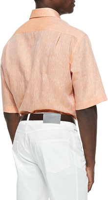 Brioni Short-Sleeve Button-Down Linen Shirt, Coral