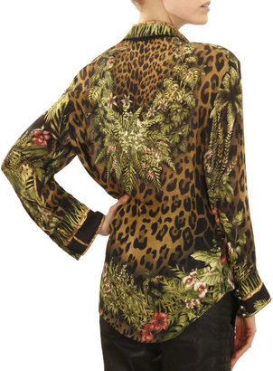 Balmain Long-Sleeve Leopard & Jungle Print Blouse, Khaki/Green/Brown