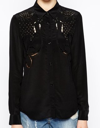 Love Moschino Long Sleeve Silk Shirt with Stud and Embellished Detail