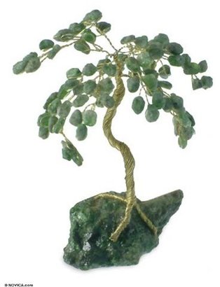 Novica Gemstone tree, 'Emerald Leaves, Crystal Dew'