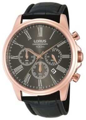 Lorus Gents black leather strap rose gold case chronograph watch