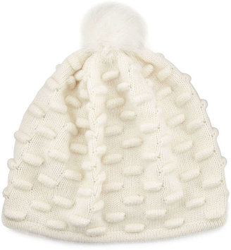 Portolano Bumpy Knit Winter Hat with Fur Pompom, White
