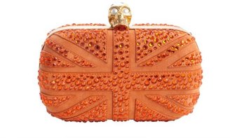 Alexander McQueen bright orange suede 'Britannia' skull clutch