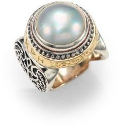 Konstantino Classic 15MM White Pearl, 18K Yellow Gold & Sterling Silver Inscripted Ring
