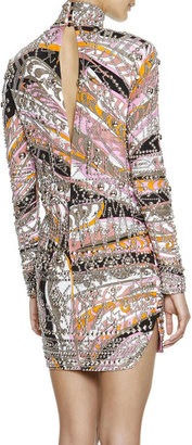 Emilio Pucci Long-Sleeve Studded Printed Sheath Dress, Pink/Multi