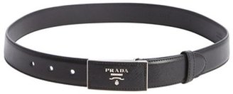 Prada black saffiano leather logo plaque belt