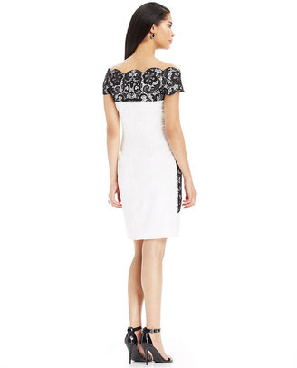 Betsy & Adam Off-The-Shoulder Contrast Lace Sheath