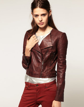 ASOS Leather Biker Jacket With  Collarless Stitch Detail