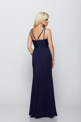 Milano Formals - Deep V-neck Ruched Bodice Fit and Flare Long Dress with Side Thigh-High Slit E2125