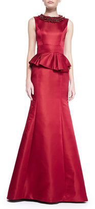Theia Sleeveless Beaded-Neck Peplum Gown