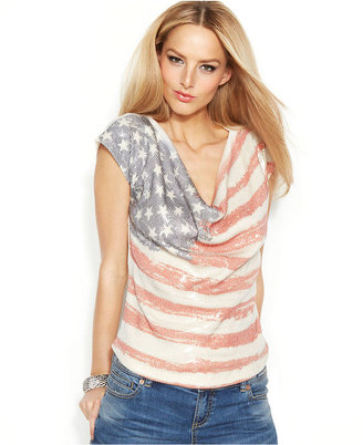 INC International Concepts Sequined Flag-Print Draped-Neck Top
