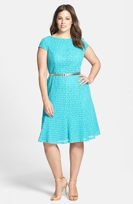 London Times Belted Cap Sleeve Lace Fit & Flare Dress (Plus Size)