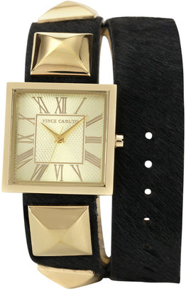 Vince Camuto Watch, Women's Black Pony Hair Leather Double Wrap Strap 27mm VC-5028CHBK
