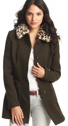 LOFT Leopard Print Collar Wool Blend Twill Pea Coat