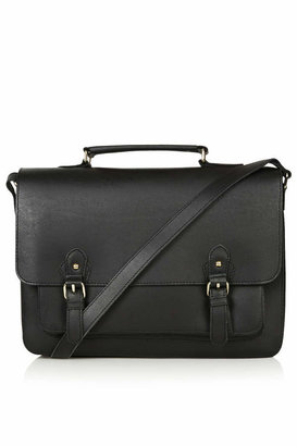 Topshop Classic unlined leather satchel with buckle front magdot closure. includes grab handle, adjustable long shoulder strap and front pocket. h: 25cm, w: 32cm. 100% leather. specialist clean only.