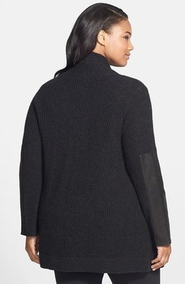 Eileen Fisher Leather Sleeve Angled Front Yak & Merino Wool Cardigan (Plus Size)