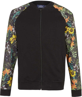 Topman Black Floral Foliage Mesh Sleeve Jersey Bomber jacket