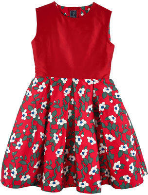 Oscar de la Renta red silk and flower-printed cotton twill party dress