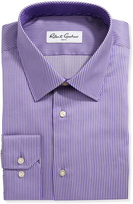 Robert Graham Long-Sleeve Striped Poplin Dress Shirt, White/Purple