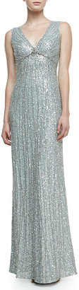 Jenny Packham V-Neck Shimmery Beaded Gown, Chalk Blue