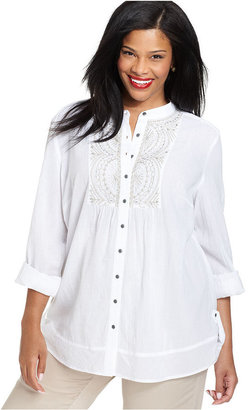 Style&Co. Roll-Tab-Sleeve Embroidered Blouse