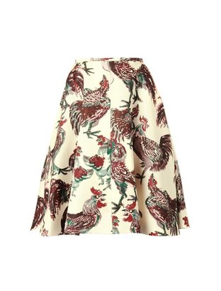 Rochas Rooster-print duchess-satin skirt