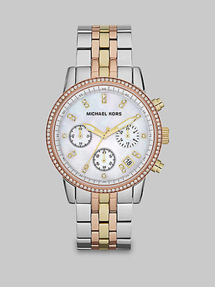 Michael Kors Crystal Tri-Tone Stainless Steel Chronograph Watch