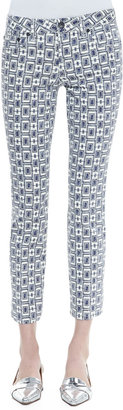Tory Burch Alexa Printed Cropped Skinny Jeans, White/Newport Navy